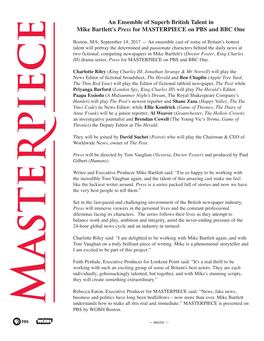 An Ensemble of Superb British Talent in Mike Bartlett's Press for MASTERPIECE on PBS and BBC One