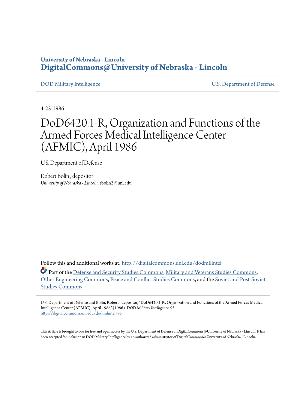 Dod6420.1-R, Organization and Functions of the Armed Forces Medical Intelligence Center (AFMIC), April 1986 U.S