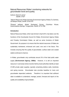 Groundwater Level and Quality Monitoring in Wales: An