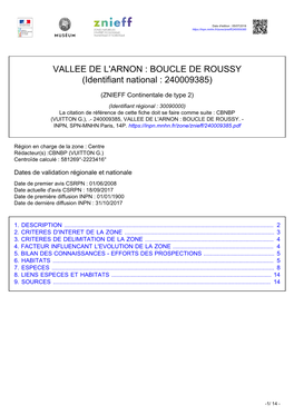 VALLEE DE L'arnon : BOUCLE DE ROUSSY (Identifiant National : 240009385)