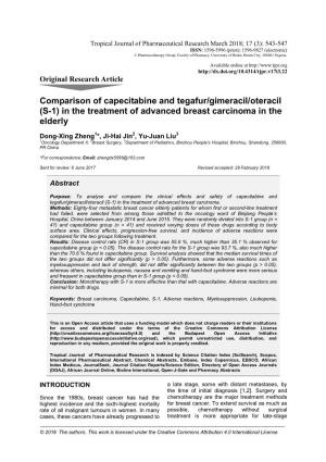 Comparison of Capecitabine and Tegafur/Gimeracil/Oteracil (S - 1) in the Treatment of Advanced Breast Carcinoma in the Elderly