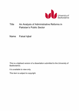 Title an Analysis of Administrative Reforms in Pakistan's Public Sector Name Faisal Iqbal