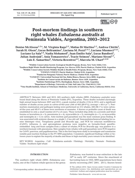 Post-Mortem Findings in Southern Right Whales Eubalaena Australis at Península Valdés, Argentina, 2003−2012