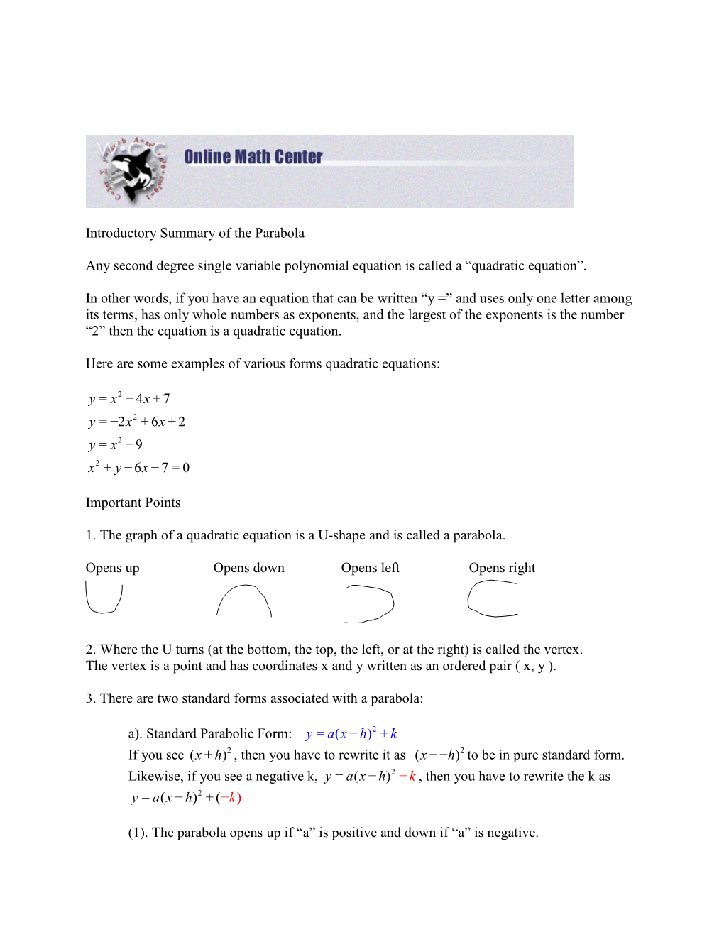 Introductory Summary of the Parabola Any Second Degree Single Variable