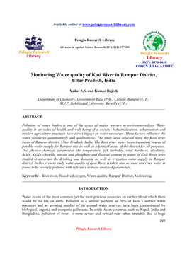 Monitoring Water Quality of Kosi River in Rampur District, Uttar Pradesh, India