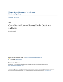 Carry-Back of Unused Excess Profits Credit and Net Loss Lester B