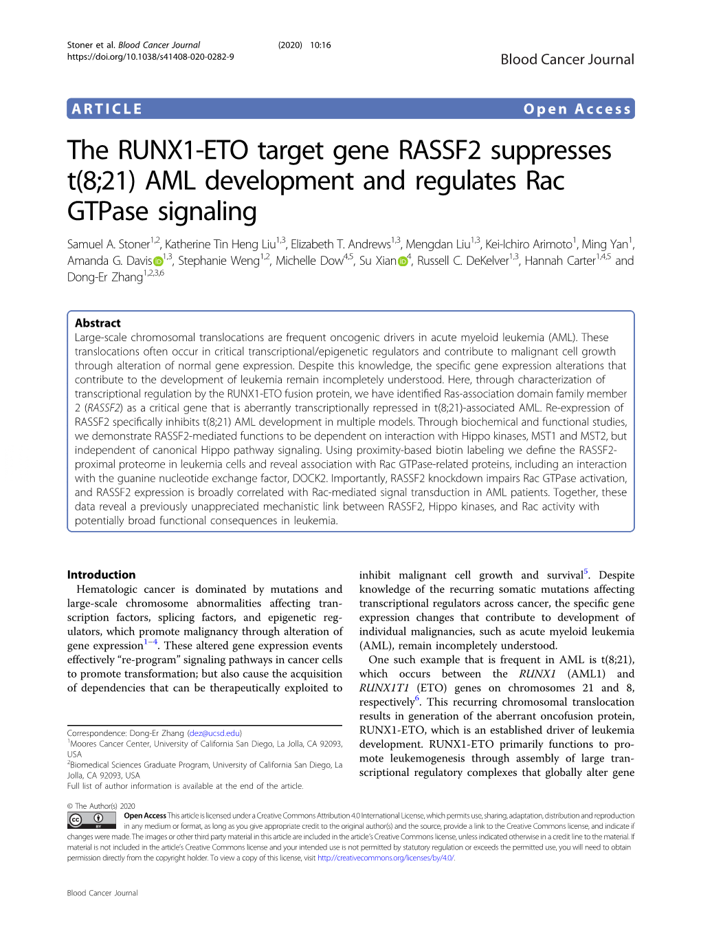 The RUNX1-ETO Target Gene RASSF2 Suppresses T(8;21) AML Development and Regulates Rac Gtpase Signaling Samuel A