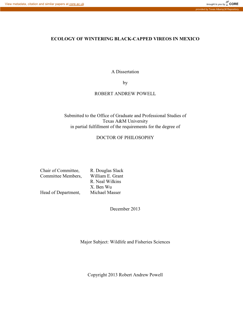 Ecology of Wintering Black-Capped Vireos in Mexico