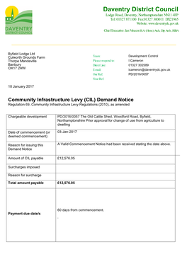 Community Infrastructure Levy (CIL) Demand Notice Regulation 69, Community Infrastructure Levy Regulations (2010), As Amended