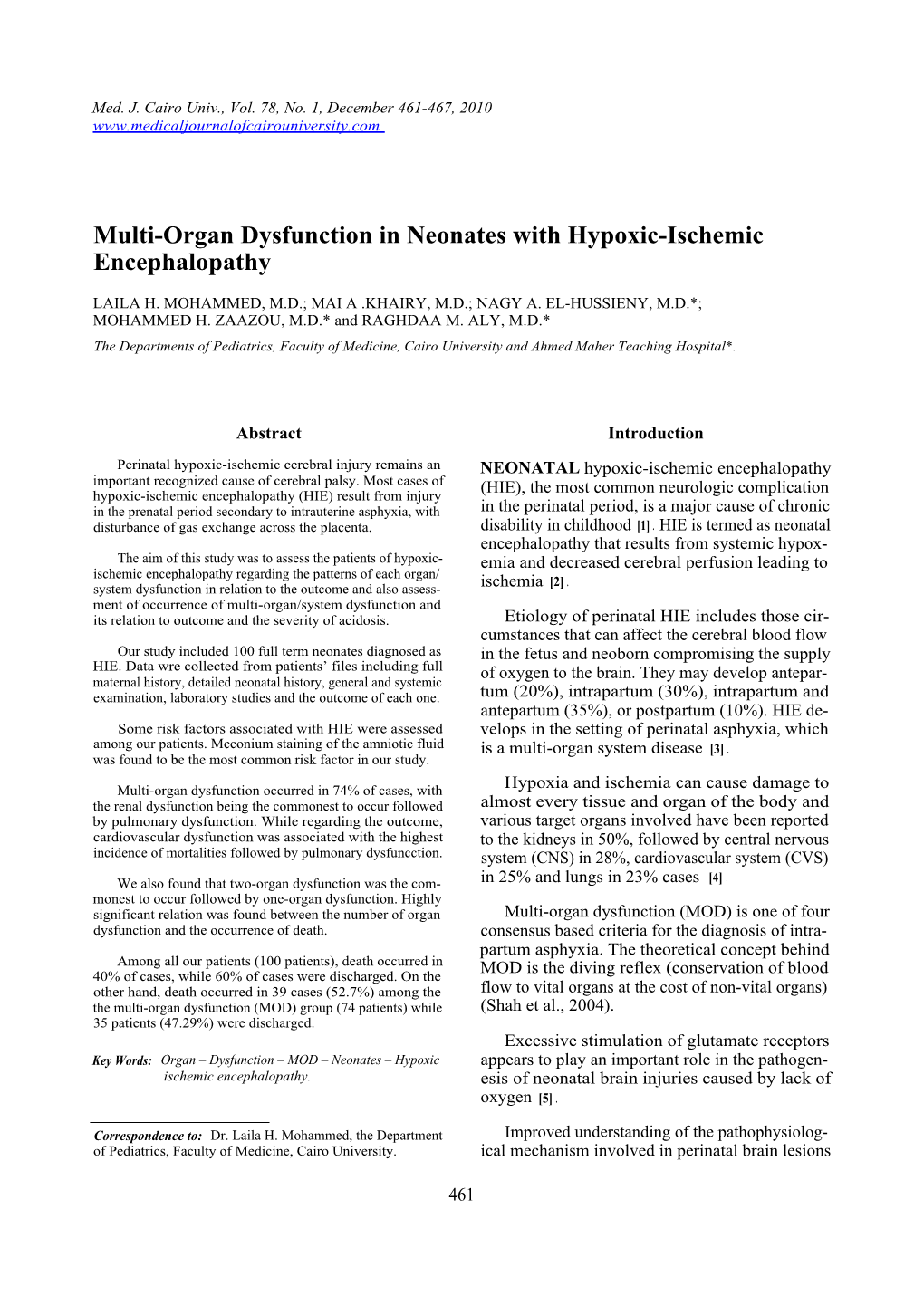 Multi-Organ Dysfunction in Neonates with Hypoxic-Ischemic