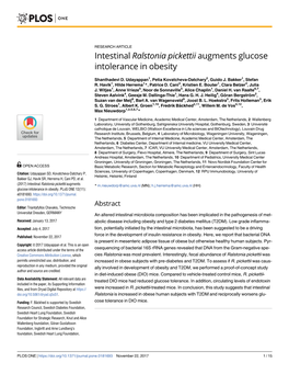Intestinal Ralstonia Pickettii Augments Glucose Intolerance in Obesity