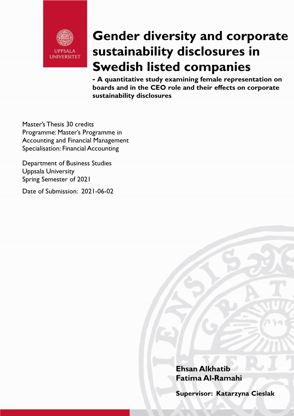 Gender Diversity and Corporate Sustainability Disclosures in Swedish Listed Companies