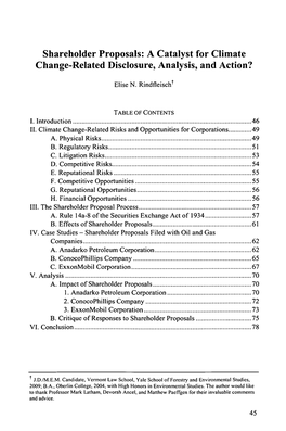 Shareholder Proposals: a Catalyst for Climate Change-Related Disclosure, Analysis, and Action?