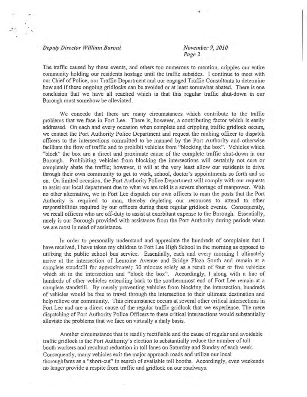 Deputy Director William Baroni November 9, 2010 Page 2 The