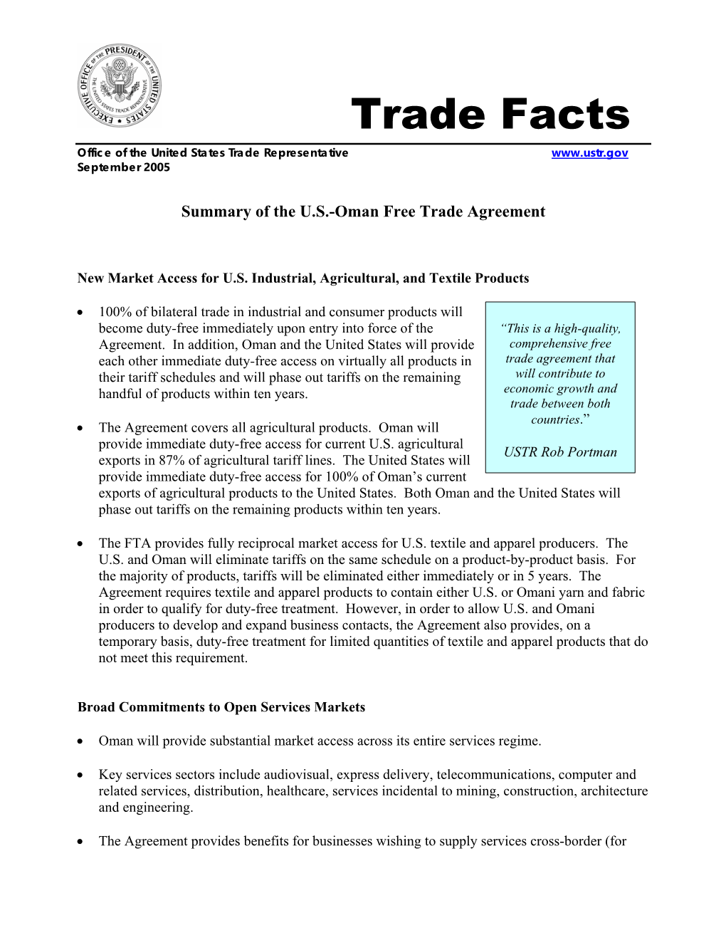 Summary of the U.S.-Oman Free Trade Agreement
