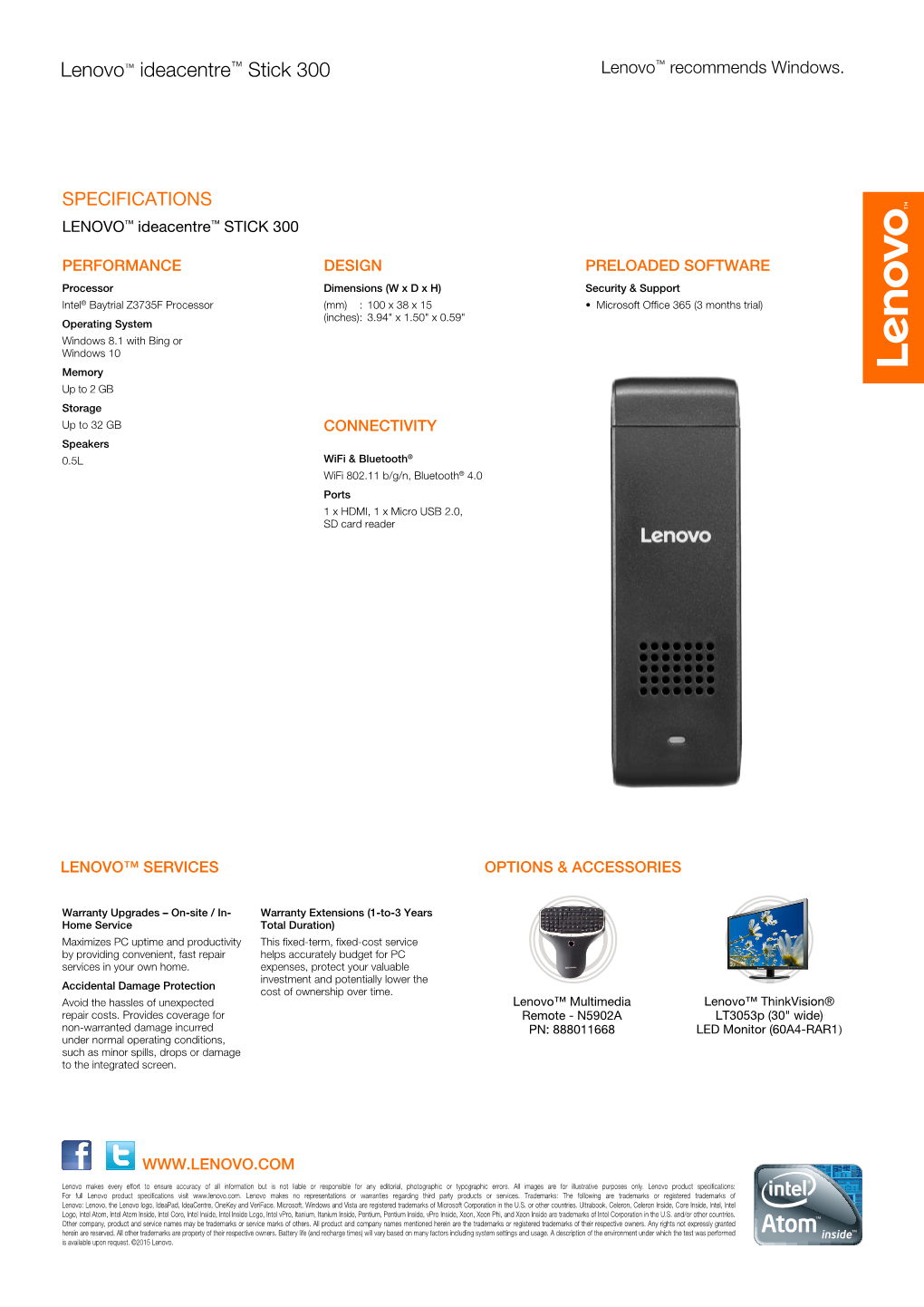 Lenovo™ Ideacentre™ Stick 300 Lenovo™ Recommends Windows