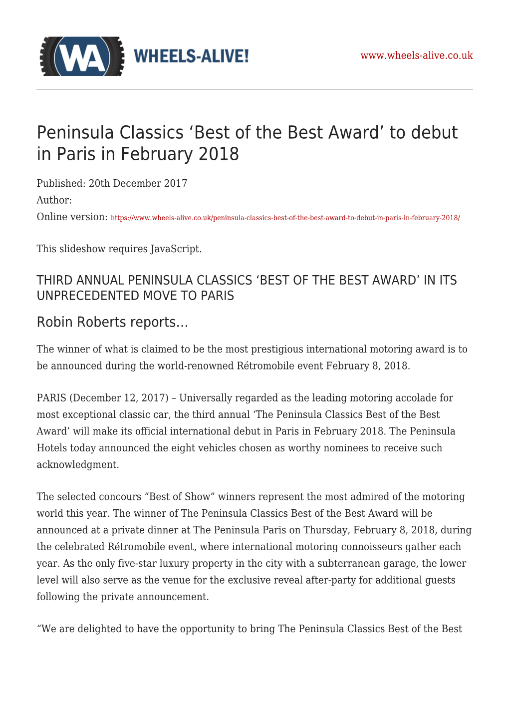 Peninsula Classics &#8216;Best of the Best Award&