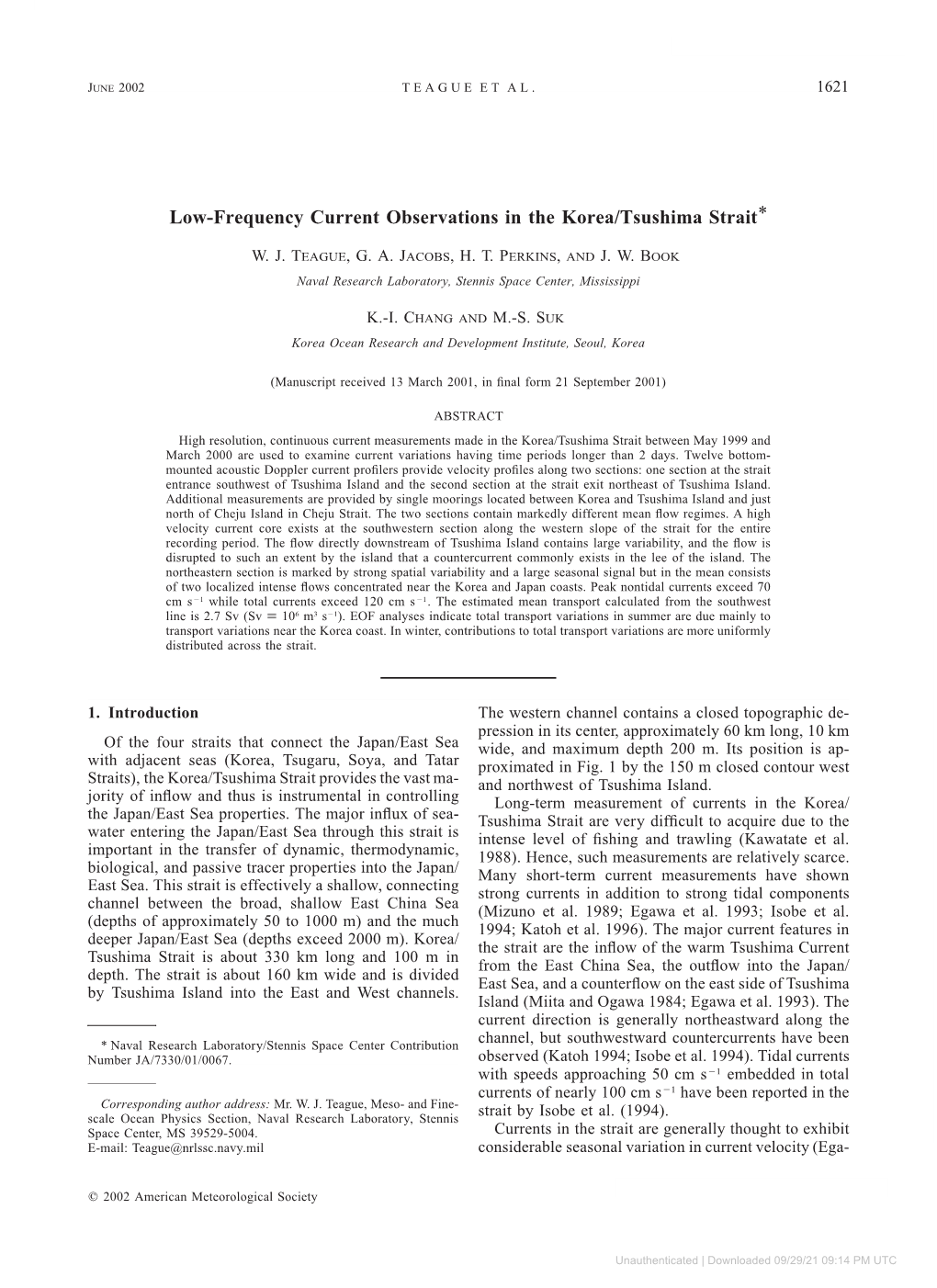 Low-Frequency Current Observations in the Korea/Tsushima Strait*