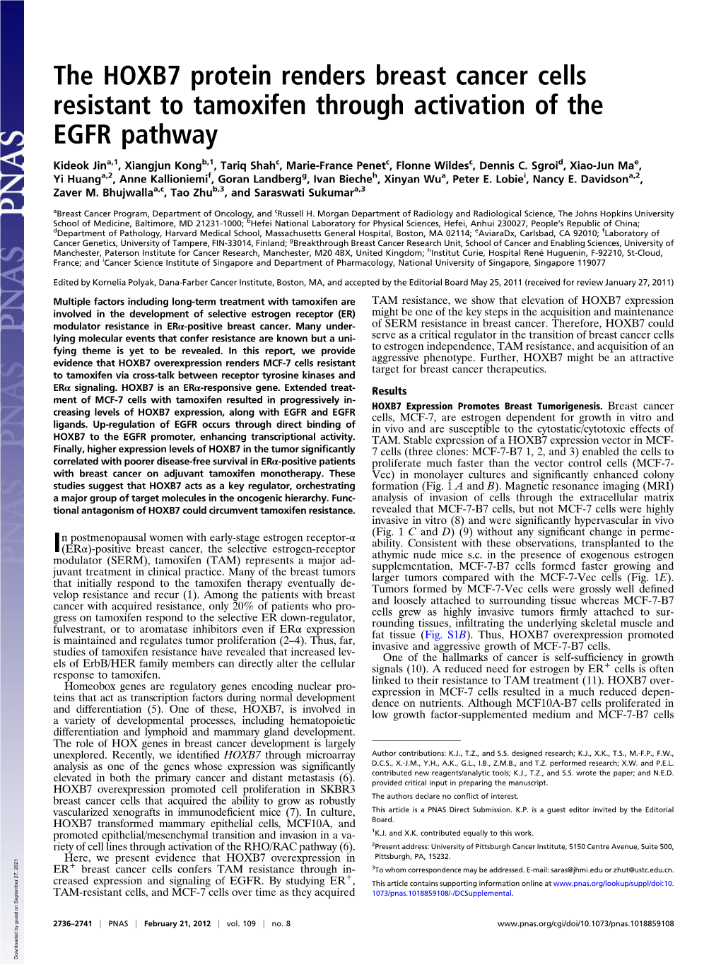 The HOXB7 Protein Renders Breast Cancer Cells Resistant to Tamoxifen Through Activation of the EGFR Pathway