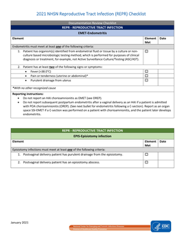 2021 NHSN Reproductive Tract Infection (REPR) Checklist