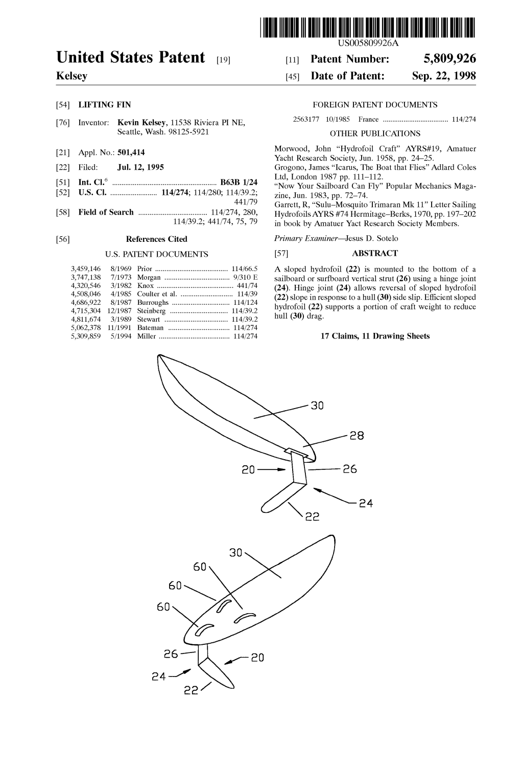 United States Patent (19) 11 Patent Number: 5,809,926 Kelsey (45) Date of Patent: Sep