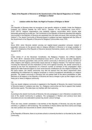 Slovenia to the Questionnaire of the Special Rapporteur on Freedom of Religion Or Belief