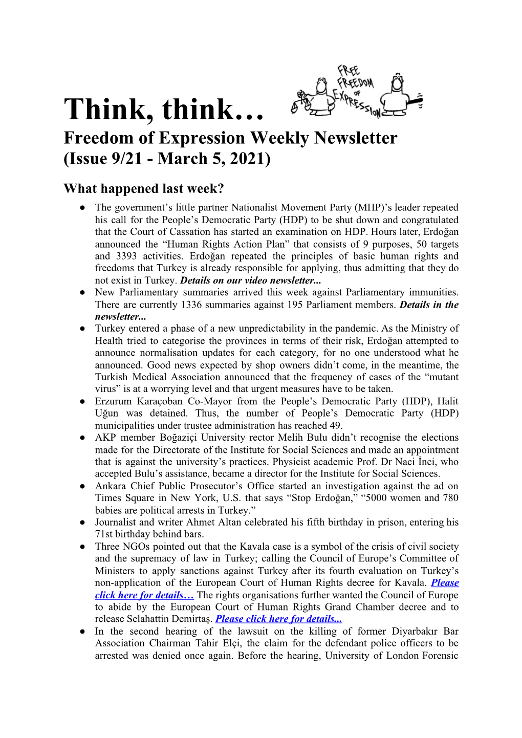 Think, Think… Freedom of Expression Weekly Newsletter (Issue 9/21 - March 5, 2021)