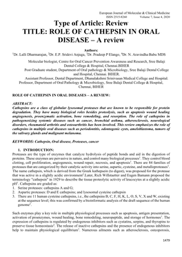 Type of Article: Review TITLE: ROLE of CATHEPSIN in ORAL DISEASE – a Review