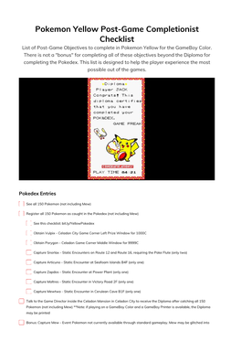 Pokemon Yellow Post-Game Completionist Checklist List of Post-Game Objectives to Complete in Pokemon Yellow for the Gameboy Color