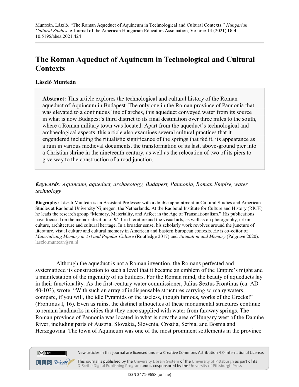 The Roman Aqueduct of Aquincum in Technological and Cultural Contexts.” Hungarian Cultural Studies