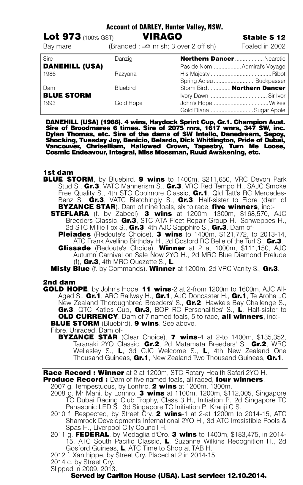 VIRAGO Stable S 12 Bay Mare (Branded : Nr Sh; 3 Over 2 Off Sh) Foaled in 2002