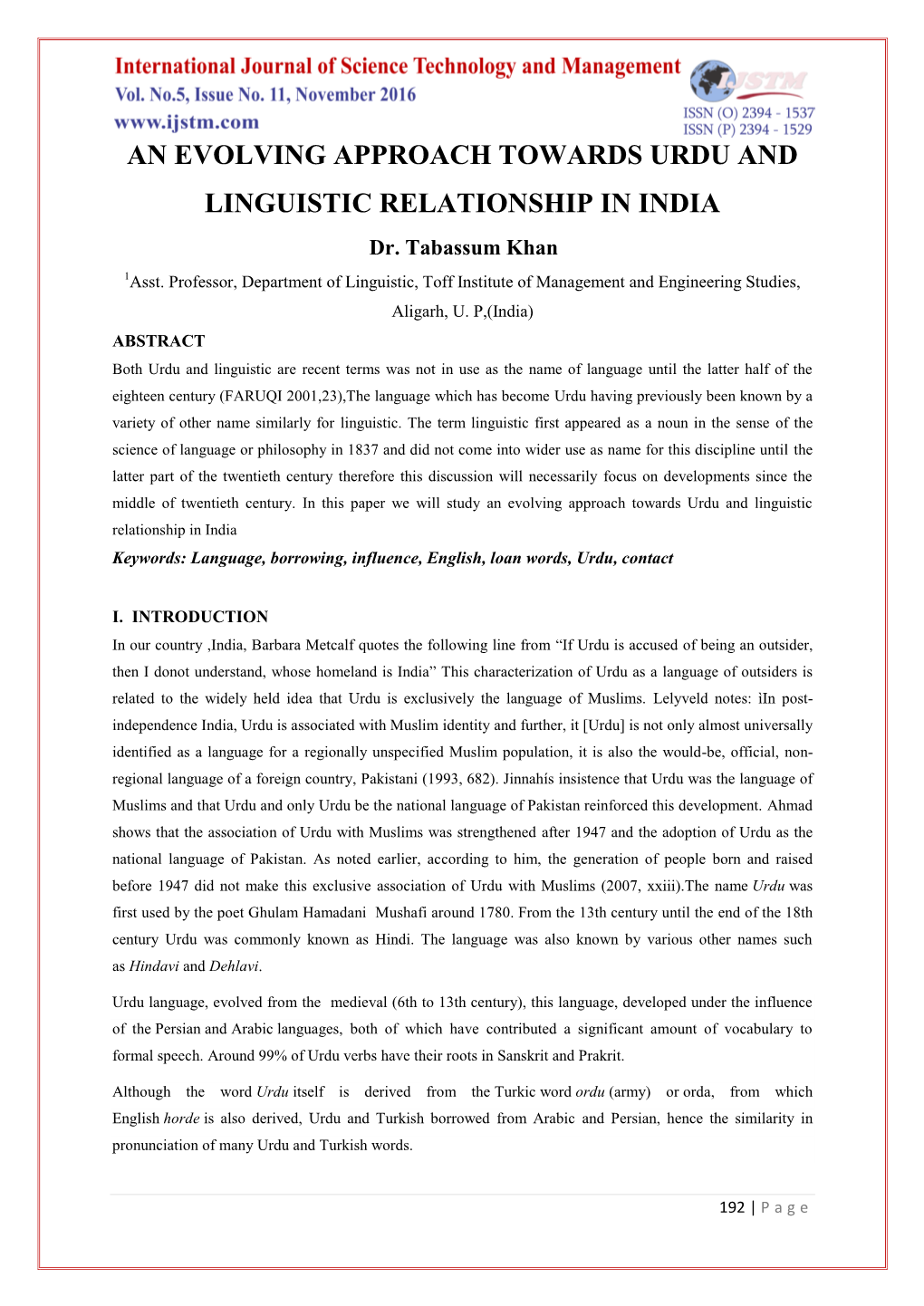 AN EVOLVING APPROACH TOWARDS URDU and LINGUISTIC RELATIONSHIP in INDIA Dr