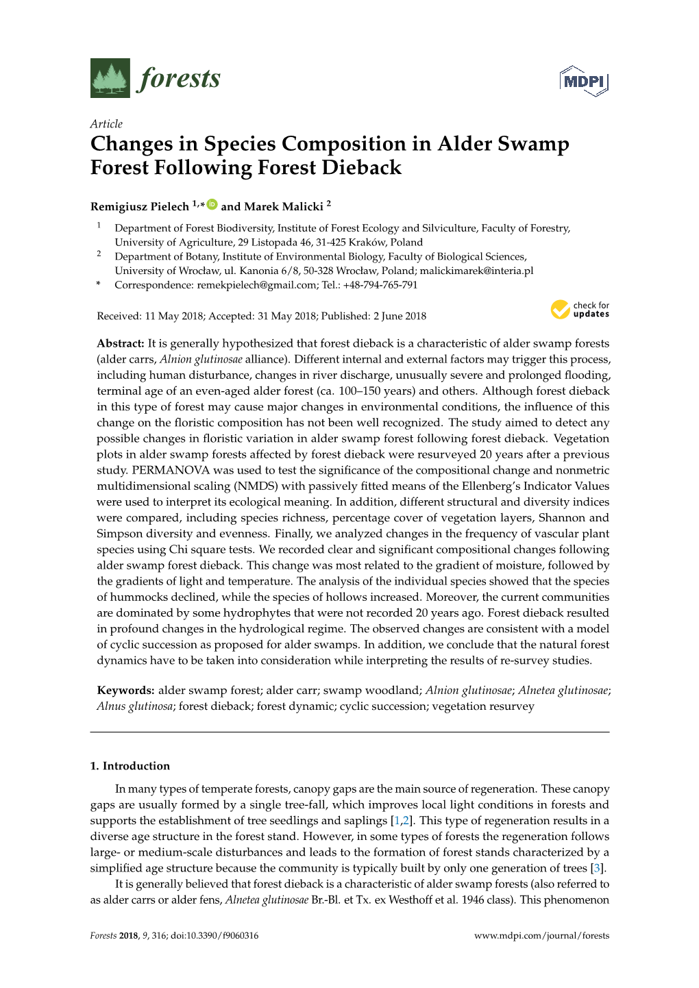 Changes in Species Composition in Alder Swamp Forest Following Forest Dieback