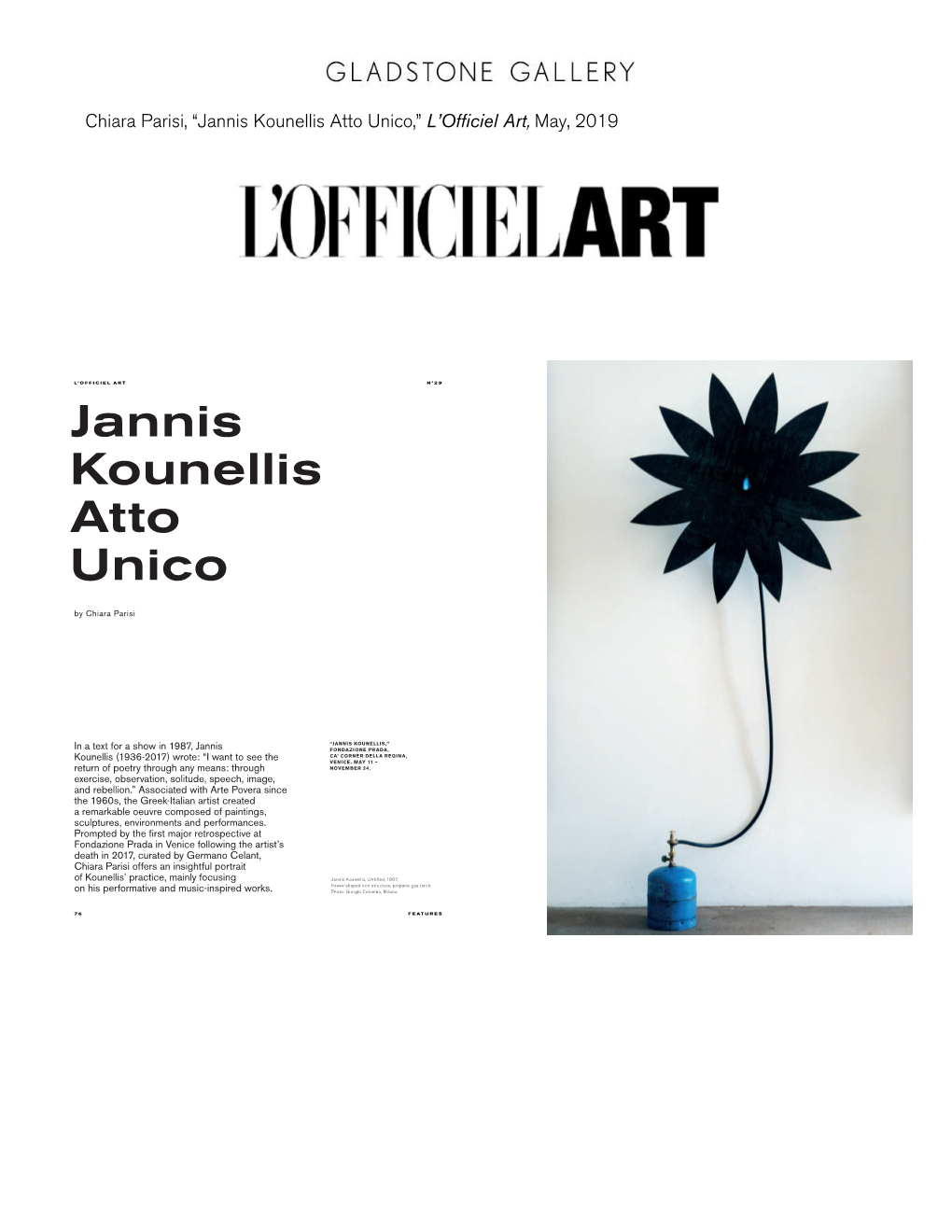 Jannis Kounellis Atto Unico,” L’Officiel Art, May, 2019