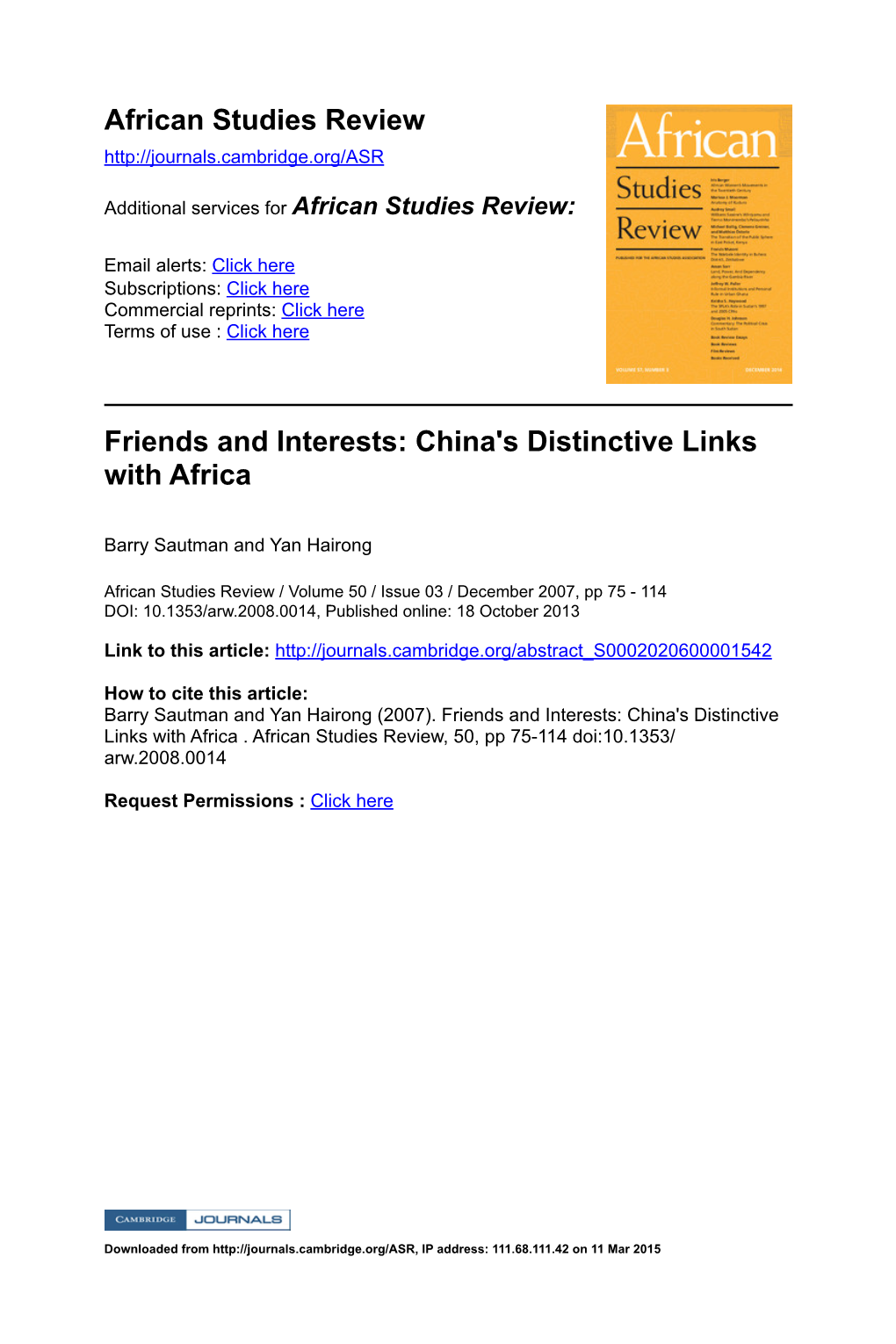 African Studies Review Friends and Interests: China's Distinctive Links