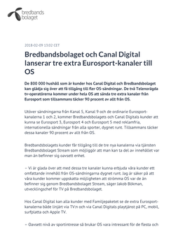 Bredbandsbolaget Och Canal Digital Lanserar Tre Extra Eurosport-Kanaler Till OS