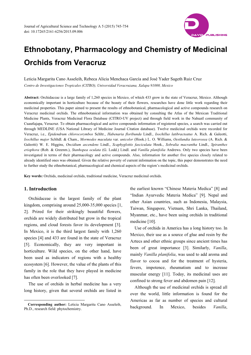 Ethnobotany, Pharmacology and Chemistry of Medicinal Orchids from Veracruz