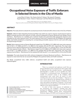 Occupational Noise Exposure of Traffic Enforcers in Selected Streets in the City of Manila