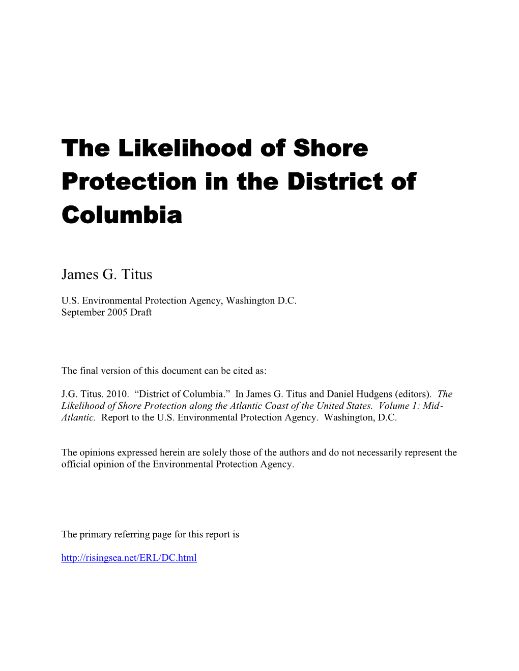 District of Coulmbia: the Likelihood of Shore Protection