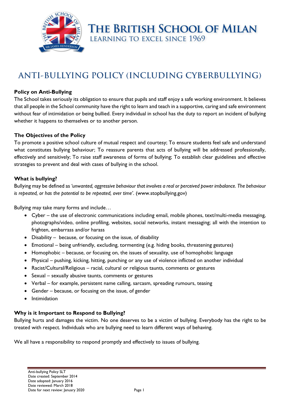 Anti-Bullying Policy (Including Cyberbullying)