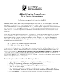 2021 Lost Fishing Gear Recovery Project: Call for Working Water Assistance