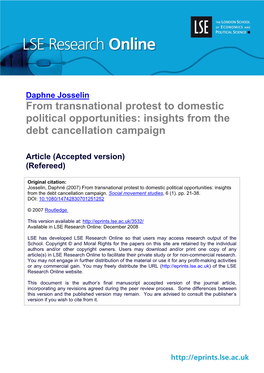 From Transnational Protest to Domestic Political Opportunities: Insights from the Debt Cancellation Campaign