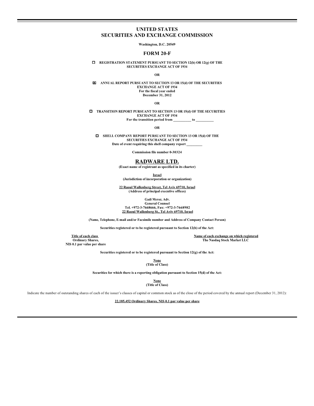 RADWARE LTD. (Exact Name of Registrant As Specified in Its Charter)