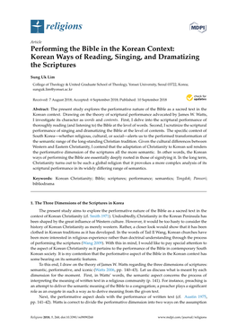 Performing the Bible in the Korean Context: Korean Ways of Reading, Singing, and Dramatizing the Scriptures
