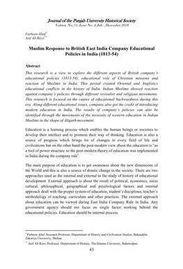 Muslim Response to British East India Company Educational Policies in India (1813-54)
