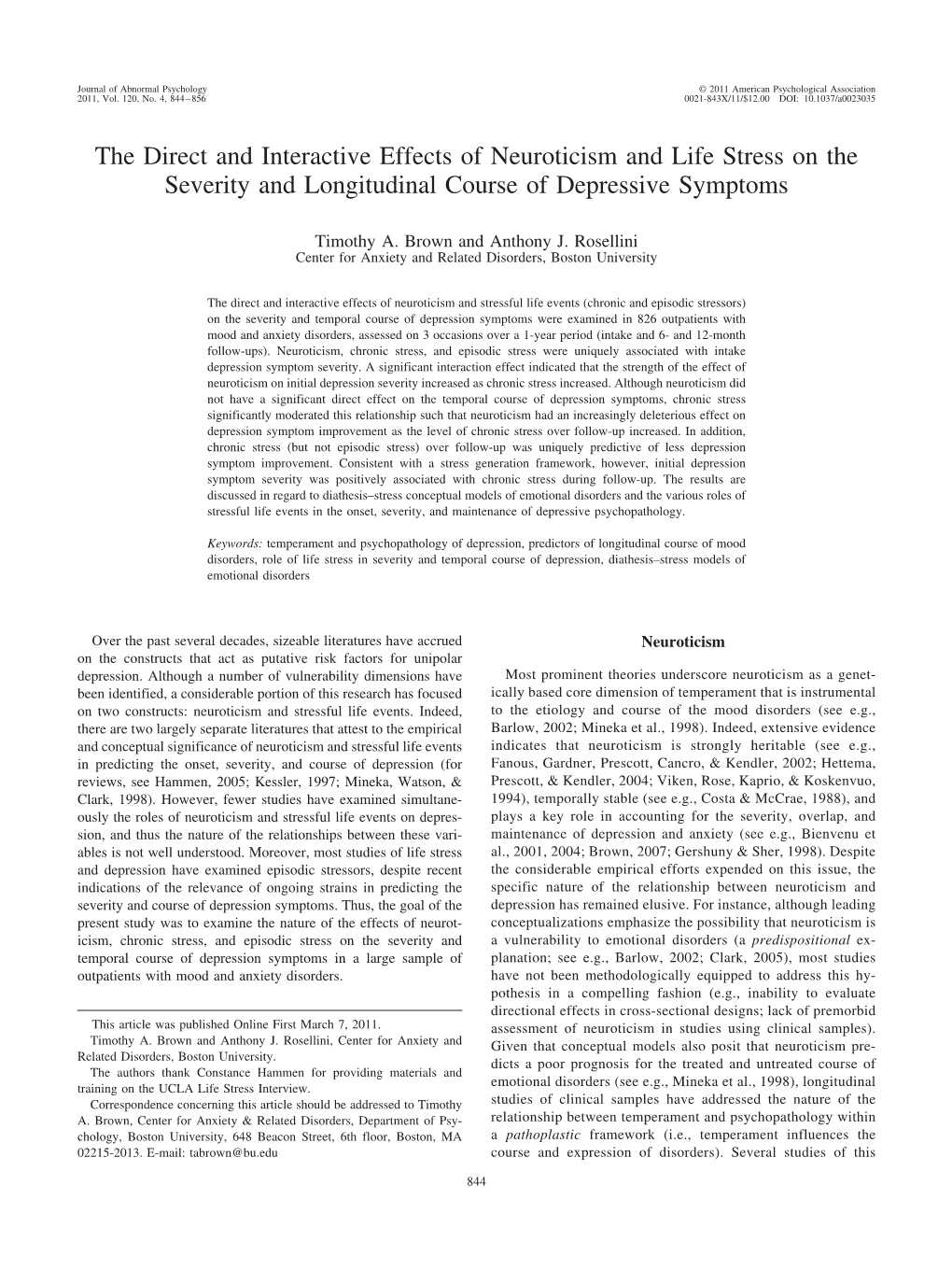 The Direct and Interactive Effects of Neuroticism and Life Stress on the Severity and Longitudinal Course of Depressive Symptoms