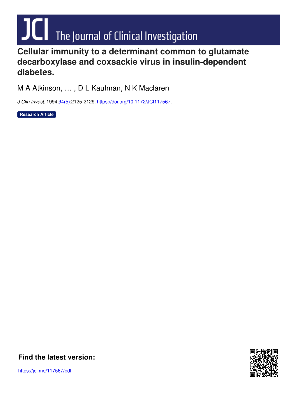 Cellular Immunity to a Determinant Common to Glutamate Decarboxylase and Coxsackie Virus in Insulin-Dependent Diabetes