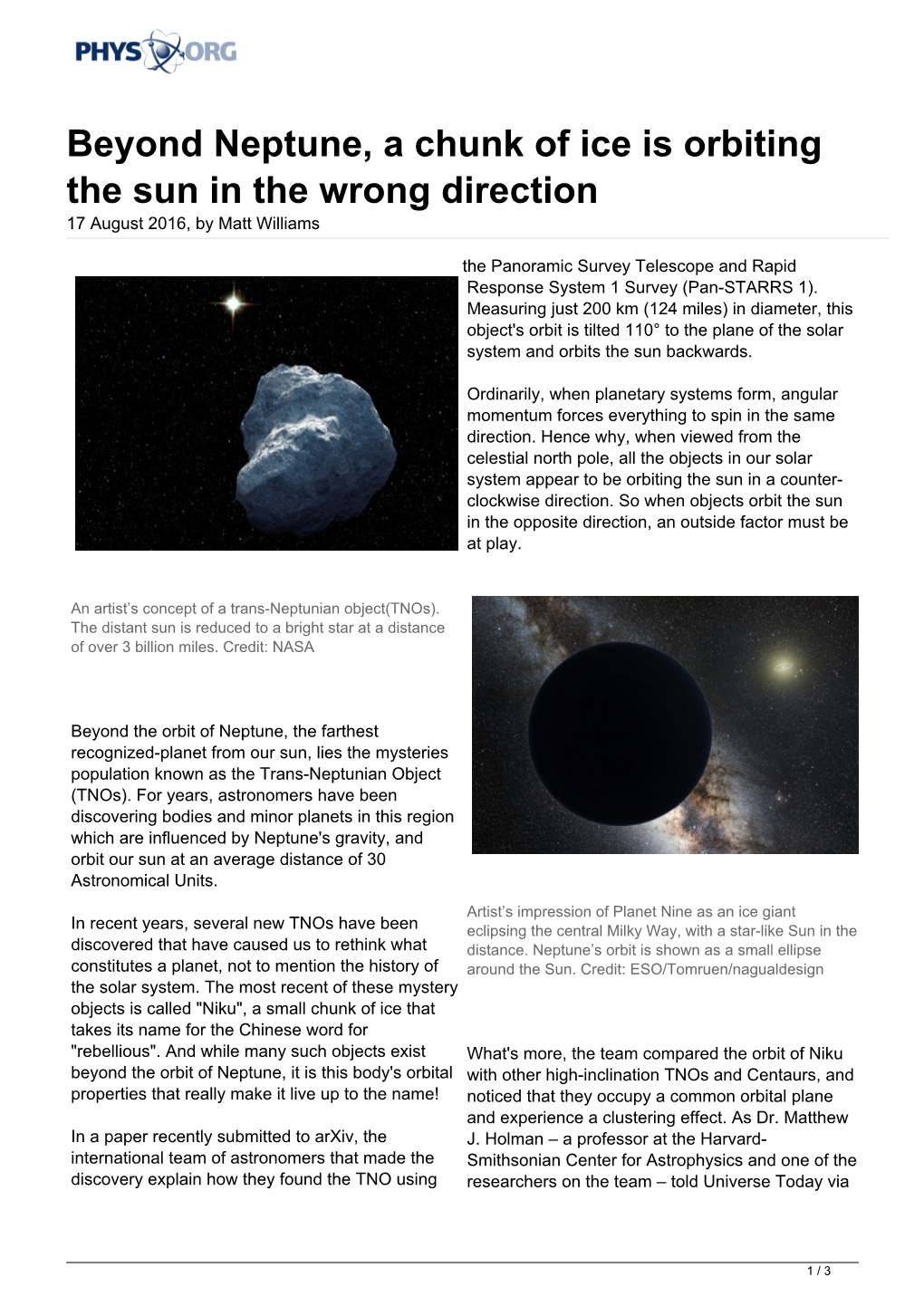 Beyond Neptune, a Chunk of Ice Is Orbiting the Sun in the Wrong Direction 17 August 2016, by Matt Williams