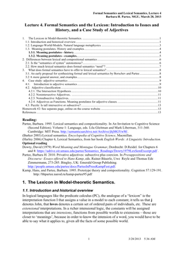 Lecture 4. Formal Semantics and the Lexicon: Introduction to Issues and History, and a Case Study of Adjectives