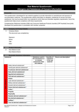 Raw Material Questionnaire Allergens and Substances of Concern Information